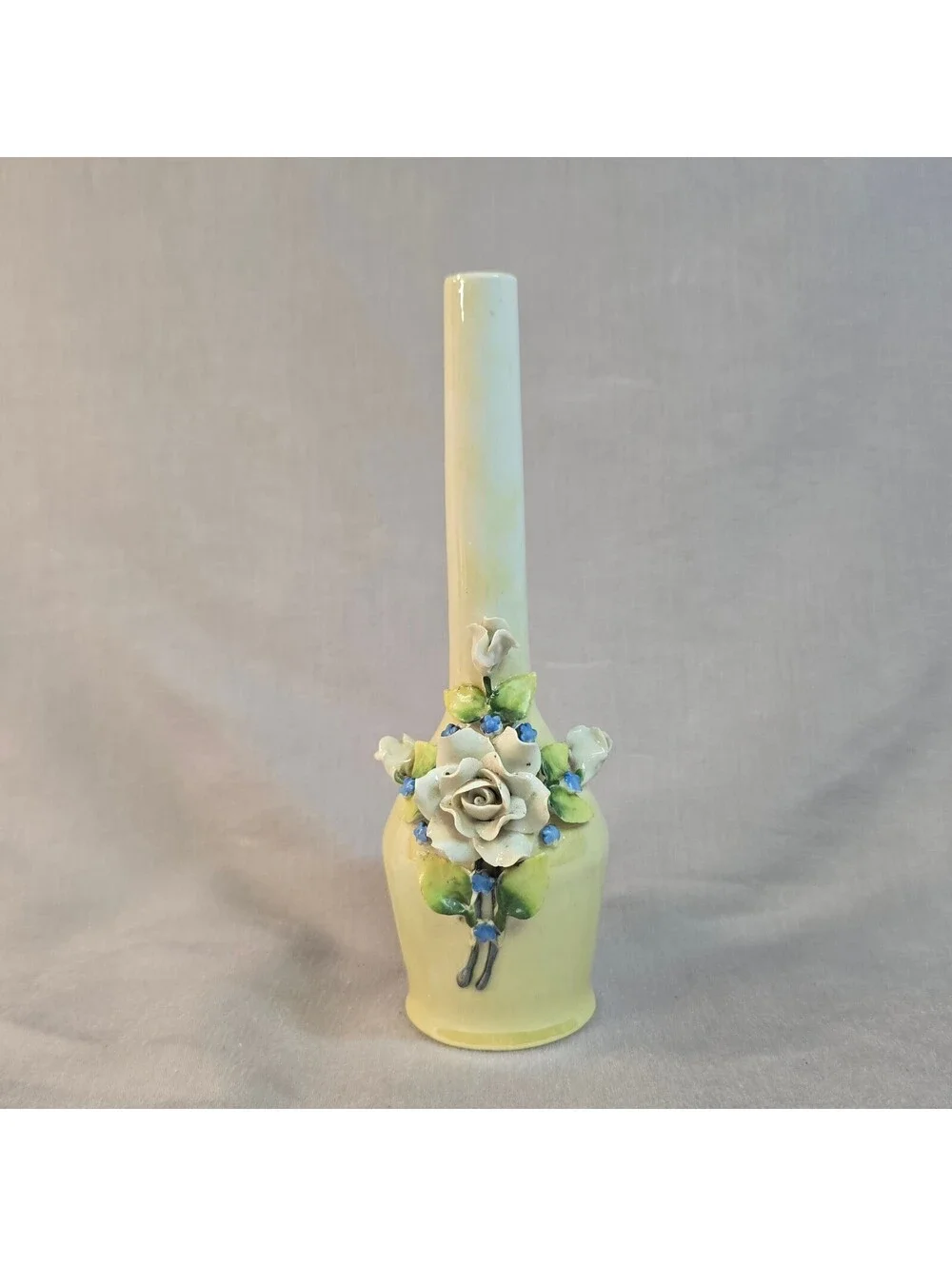 Antique German Elfinware Porcelain Bud Vase Applied 3 Dimensial Roses 8.5